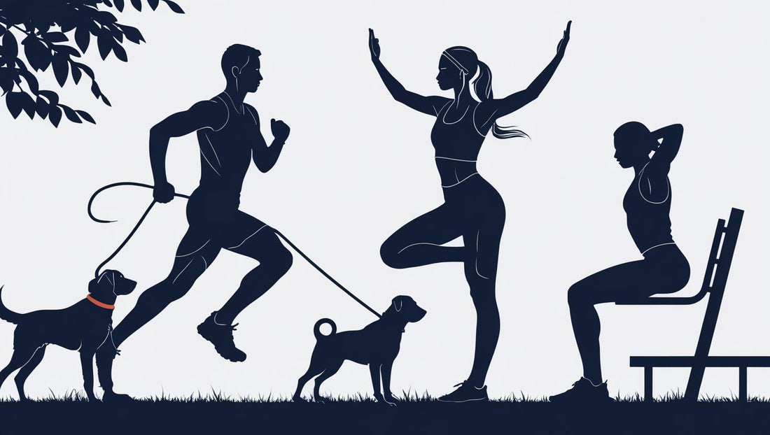 Silhouettes of people with their dogs exercising in the park