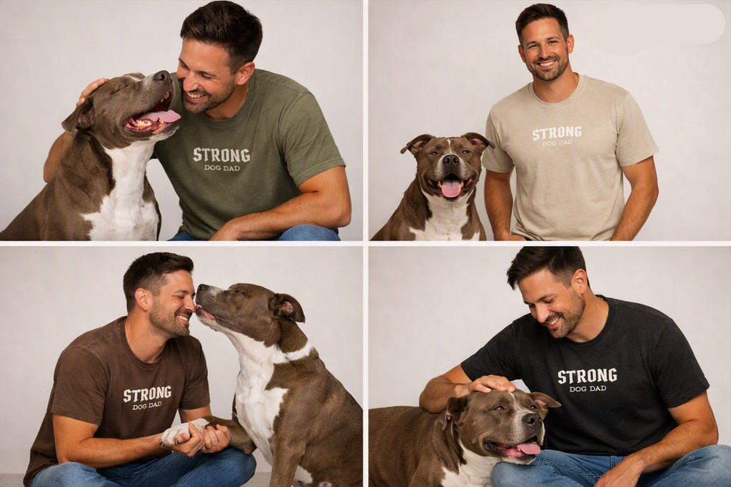 A 2x2 collage showing a man wearing a different colored t-shirt with 'STRONG DOG DAD' printed on the front, posing with a pitbull-type dog against a light gray background. The shirts are shown in sage green, light beige, brown, and black.