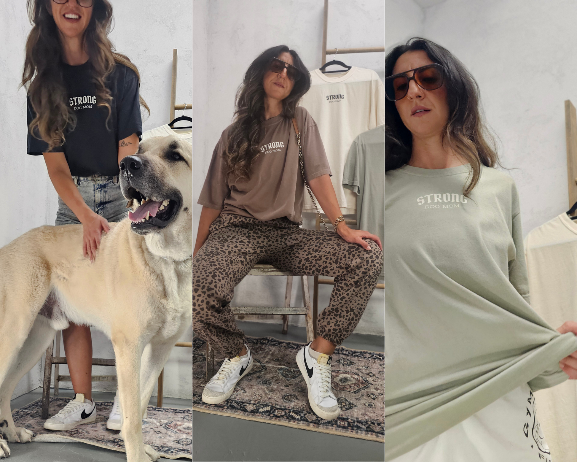 A three-panel collage showing a woman modeling a graphic t-shirt and sweatshirt in different colorways, accompanied by a large dog in the left panel. The shirts feature the word 'STRONG DOG MOM' printed on the chest.